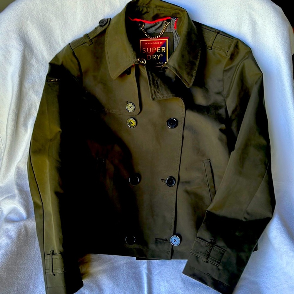 Like new, SUPER DRY double breasted raincoat/ pea coat  in olive. Size W US 8